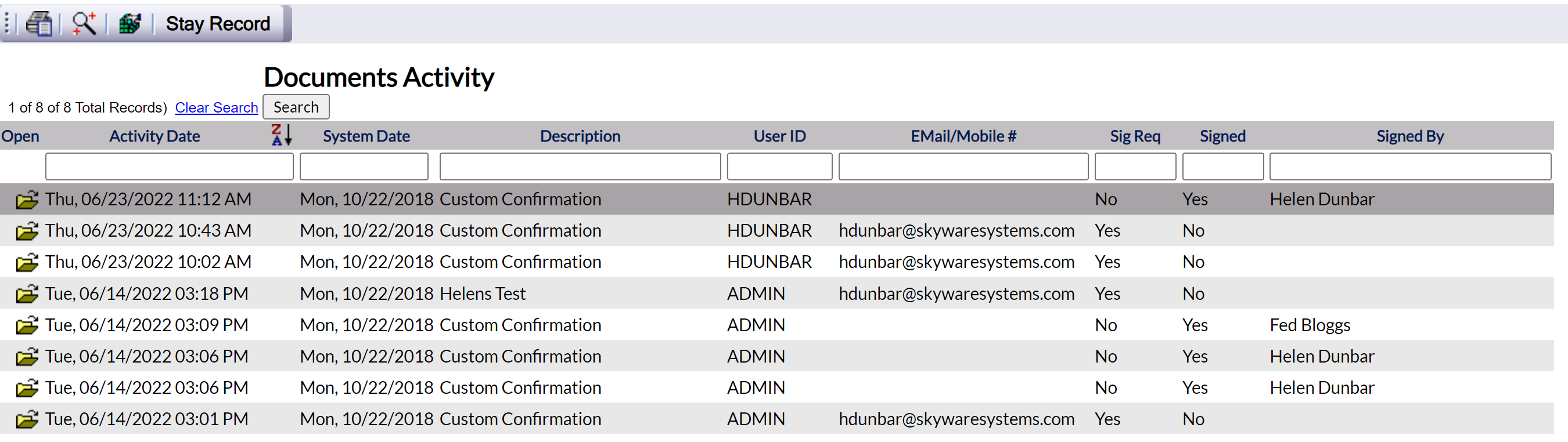 Activity Screen Examples Document Activity Log