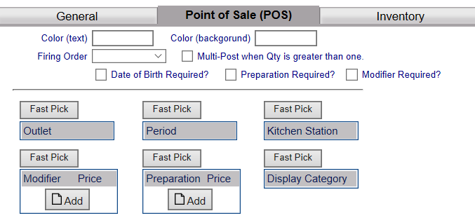 POS Items Menu Item Set Up - POS tab