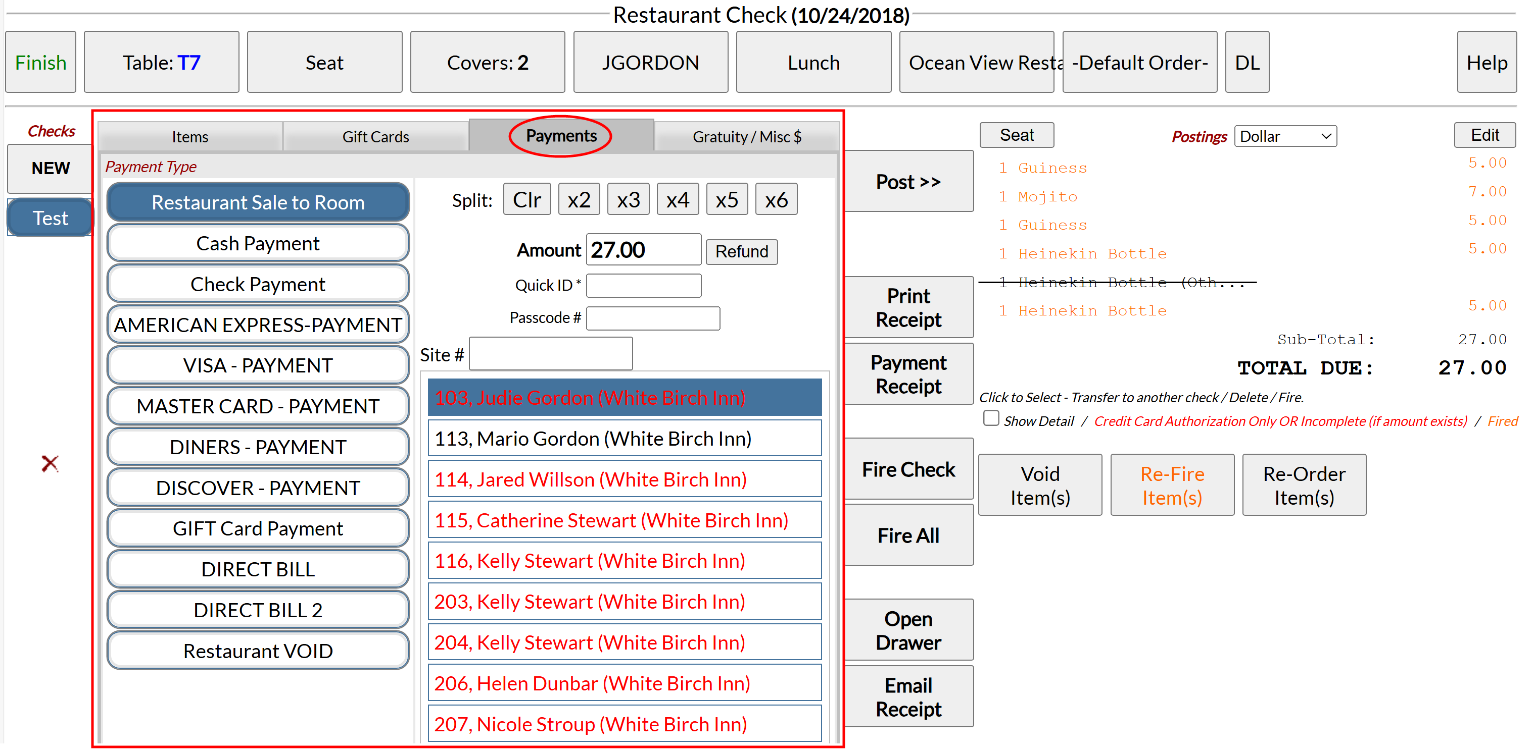 Restaurant Check screen